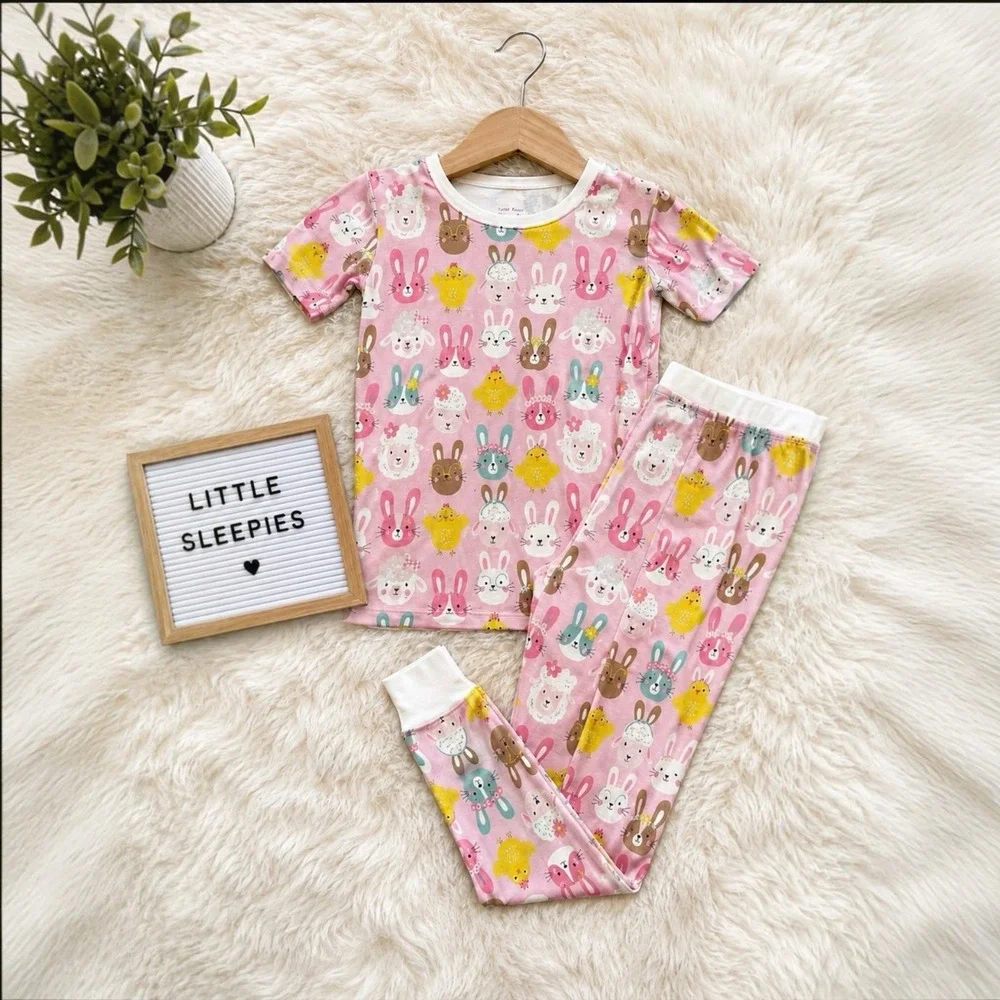 Little Sleepies Bunny & Chick Bamboo Pajama Set Pink Kids Size 7/8 EUC